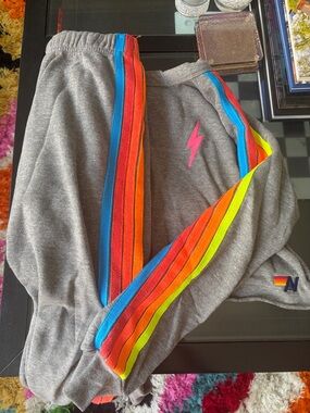 Aviator Nation Gray Sweatpants with Rainbow Stripe and Pink Lightning Bolt